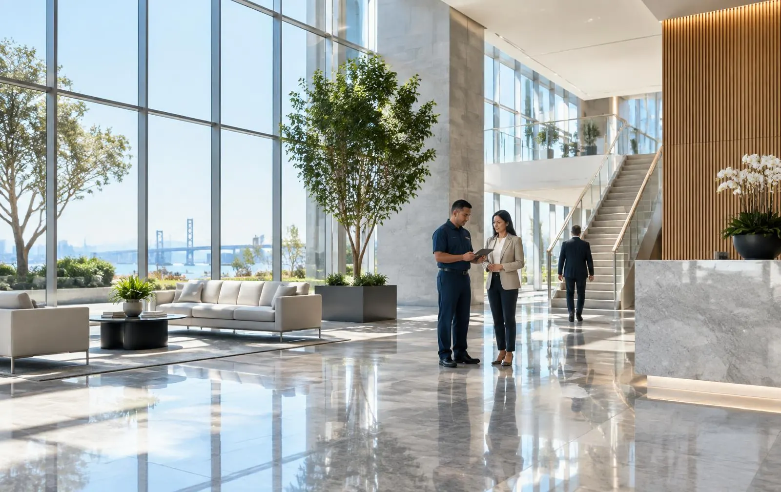 Bright, professionally maintained commercial building lobby